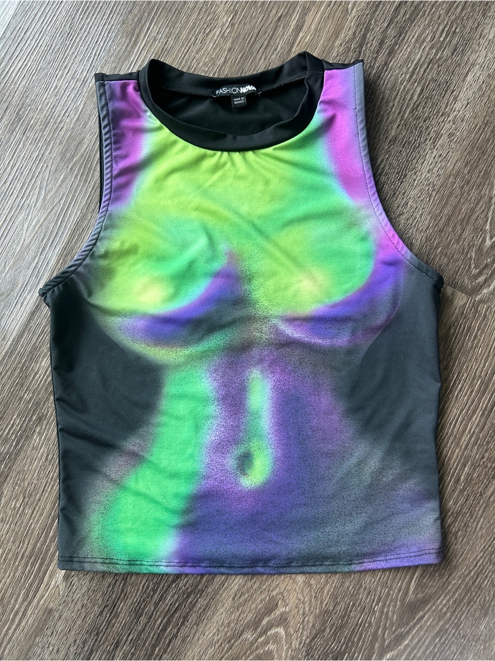 Fashion Nova Neon Green & Purple Tie-Dye Crop Tank with Black Trim